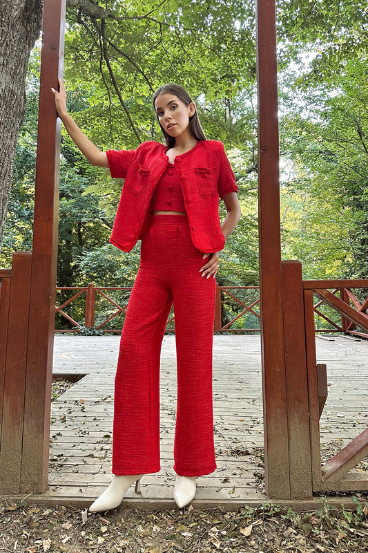 Strappy Bustier Jacket and Trousers Set - Red