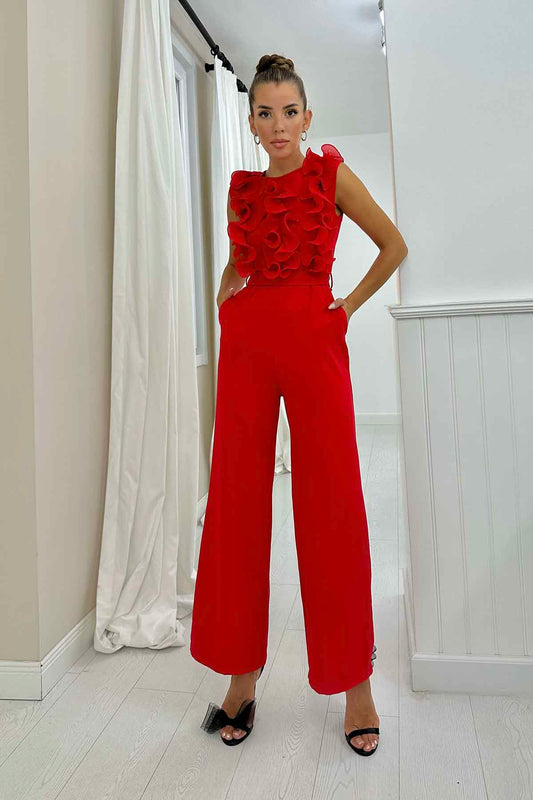 Pleated Front Jumpsuit - Red