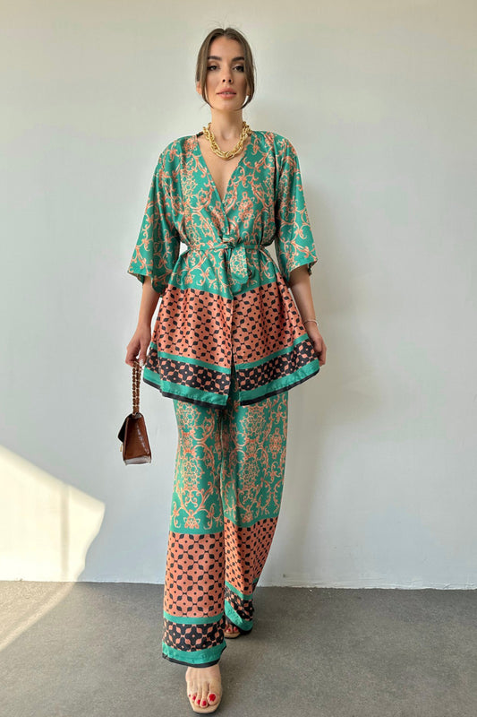 Patterned Kimono & Pants Set - Green