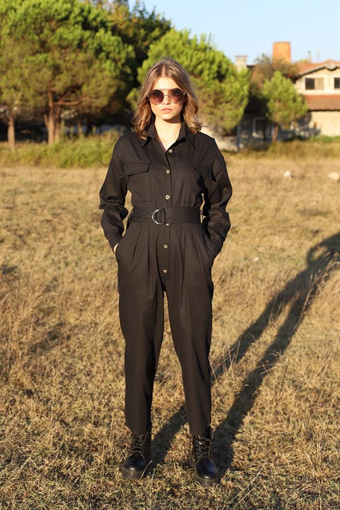 Buttoned and Belted Jumpsuit - Black