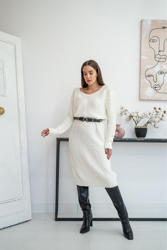 Belted Knitwear Dress - White