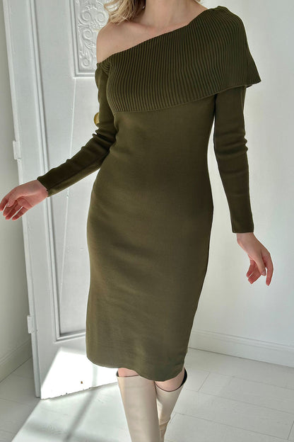 Low Shoulder Mini Knitwear Dress - Khaki