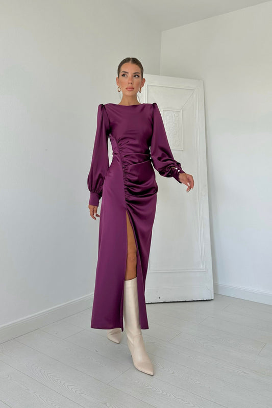 Satin Dress with Gathered Side Slit - Purple