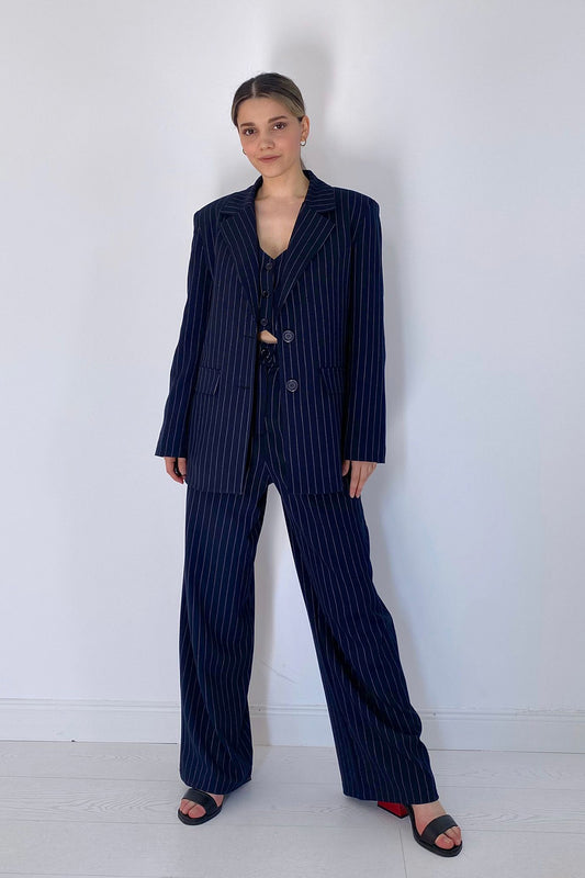 Striped Jacket & Vest & Trousers Set - Navy