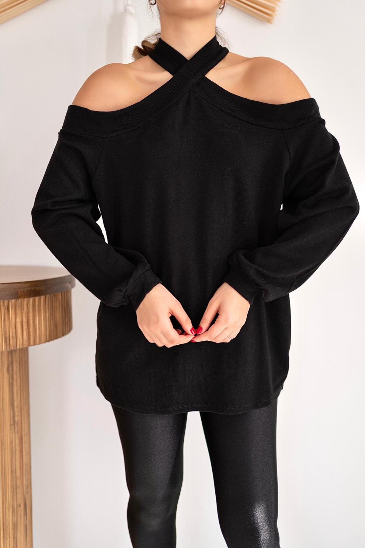 Schulterfreier X-Pullover – Schwarz