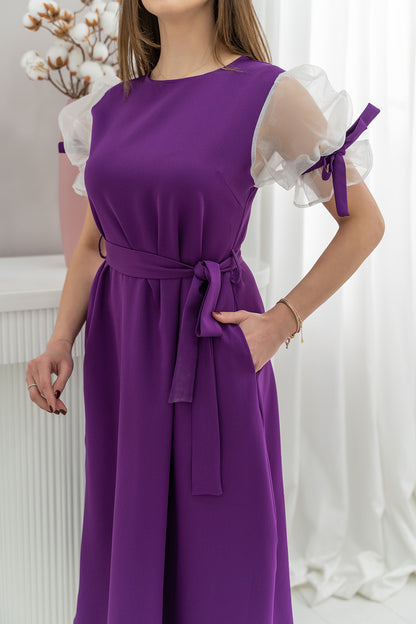 Belted and Sleeves Tulle Dress - Purple
