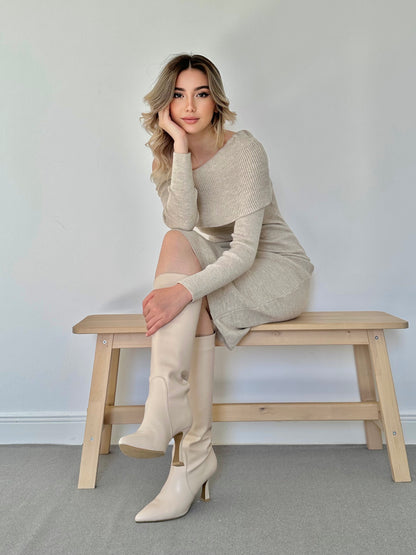 Low Shoulder Mini Knitwear Dress - Beige