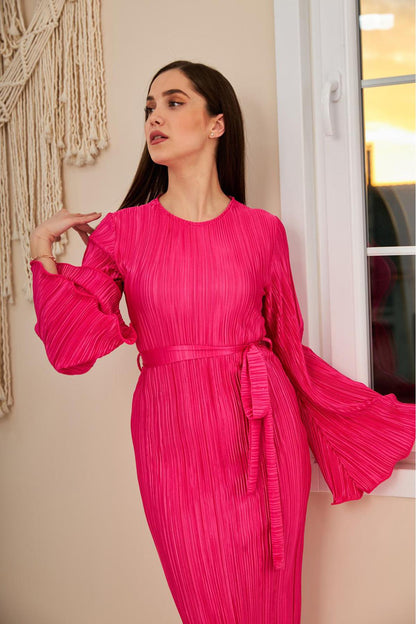 Spanish Sleeve Pleated Dress - Fuchsia