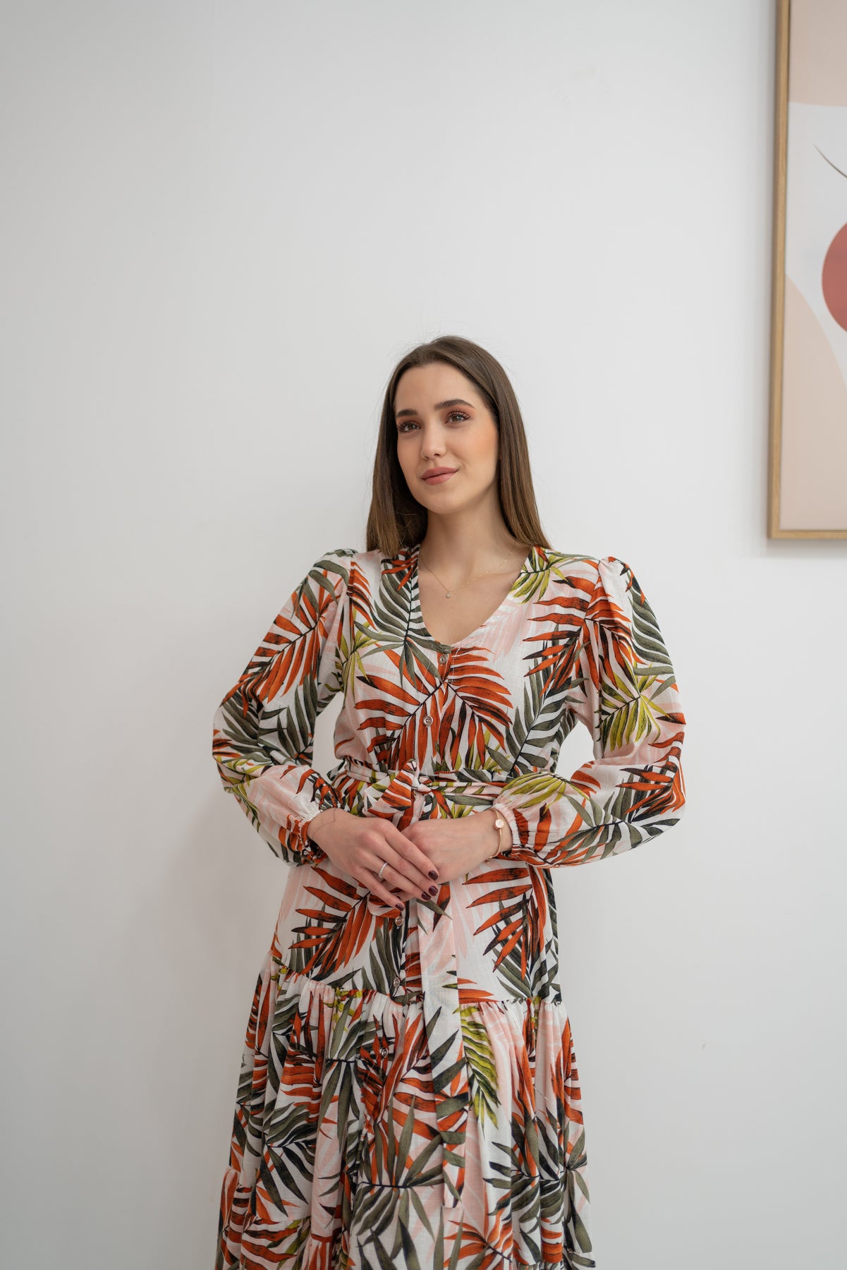 Leaf Patterned Belted Dress - Orange