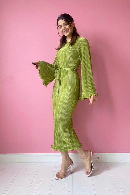 Spanish Sleeve Pleated Dress - Oil Green