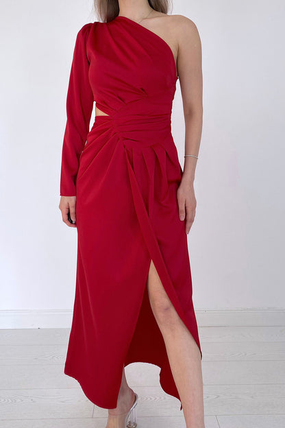 Einärmeliges Satin-Abendkleid – Rot