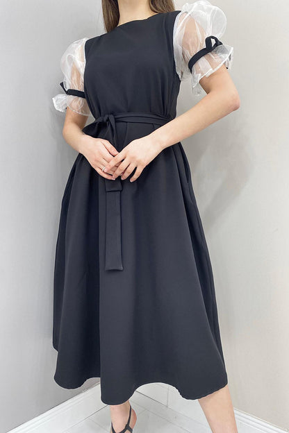 Belted and Sleeves Tulle Dress - Black