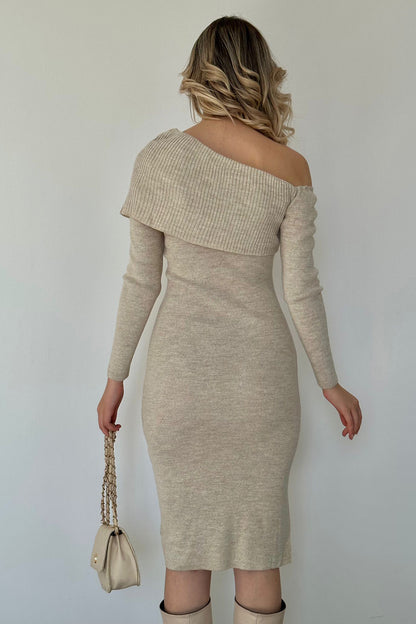 Low Shoulder Mini Knitwear Dress - Beige