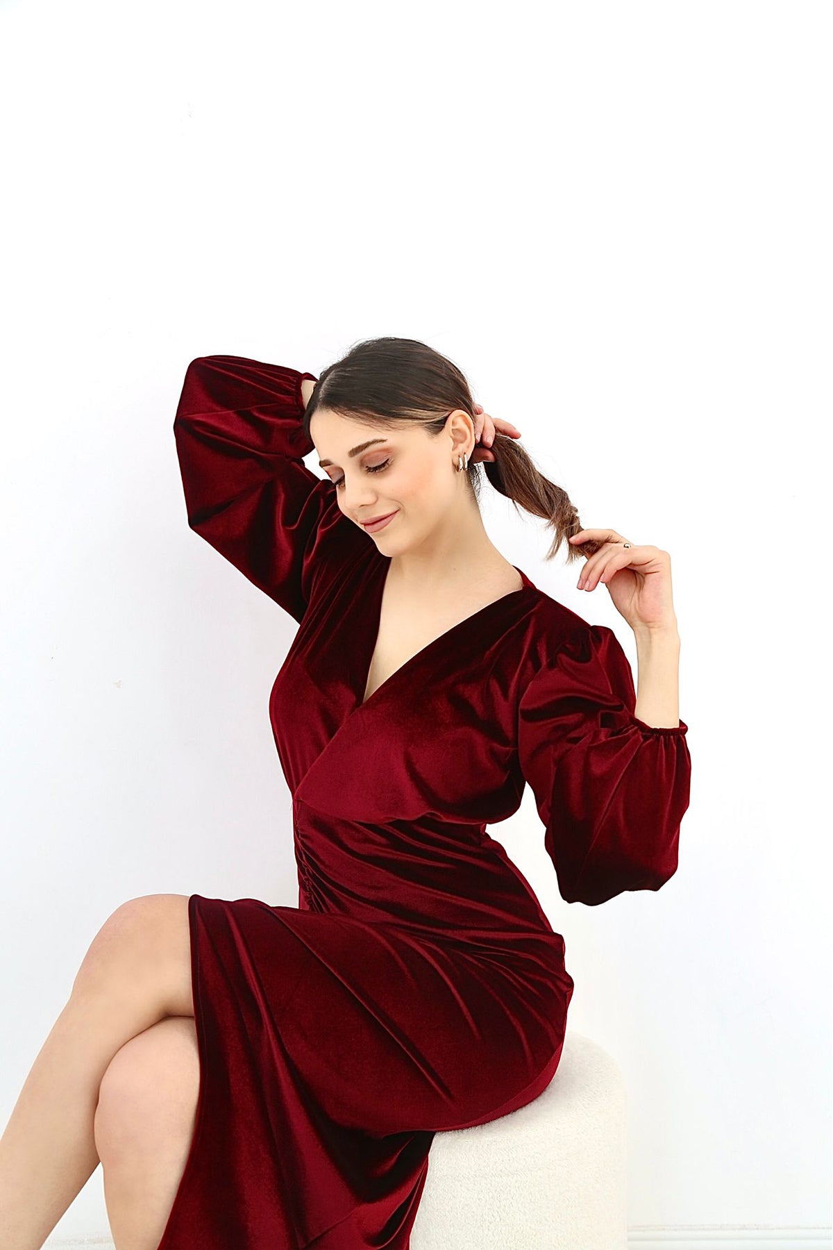 Slit Velvet Dress - Burgundy