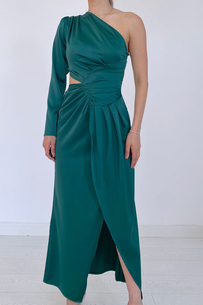 Einärmeliges Satin-Abendkleid – Smaragd