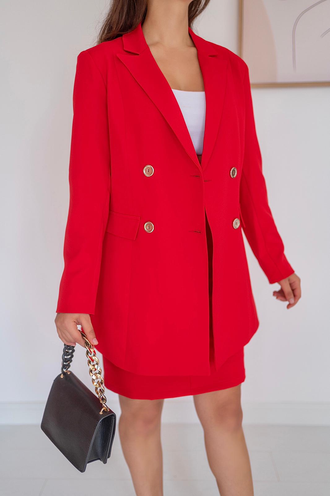 Belted Skirt and Jacket Suit - Red