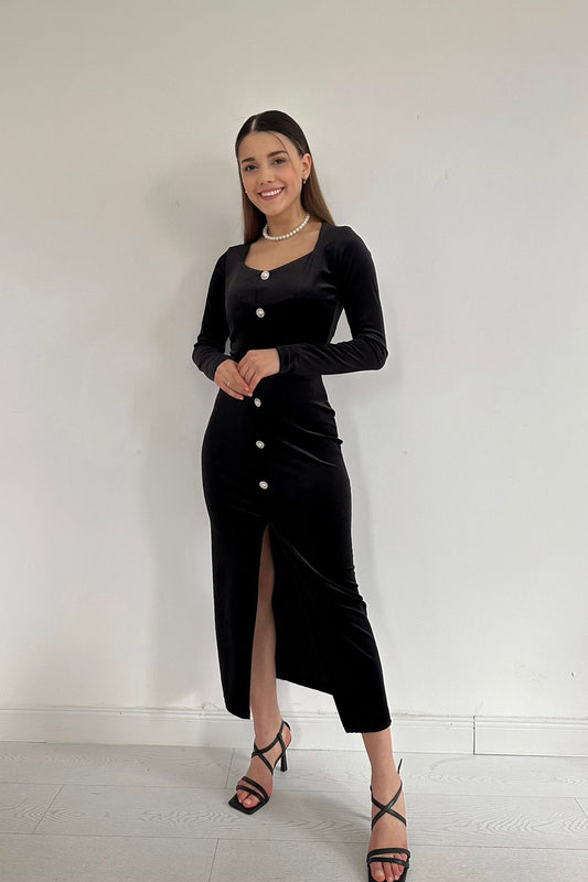 Samtkleid mit Knopfdetail – Schwarz