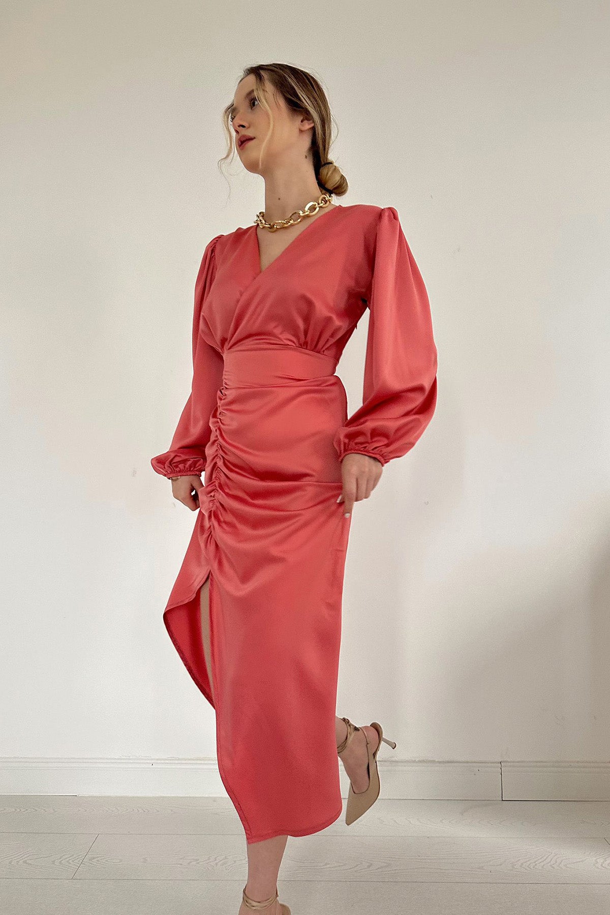 V Neck Satin Dress - Pink