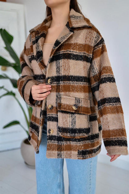 Buttoned Plaid Women's Coat - Brown