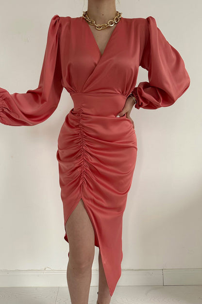 V Neck Satin Dress - Pink