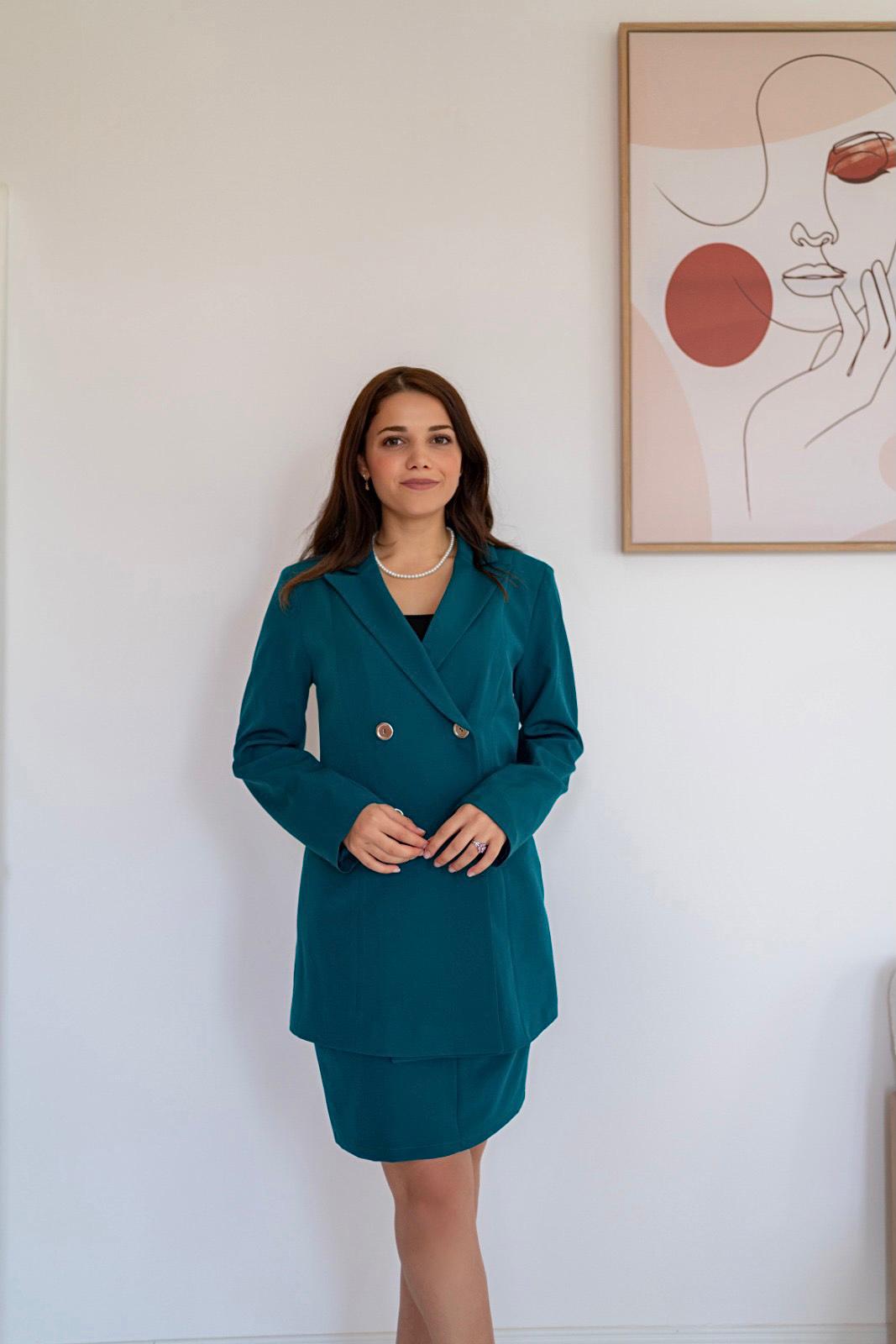 Belted Skirt and Jacket Suit - Petrol Green