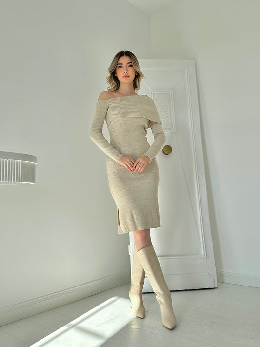 Schulterfreies Mini-Strickkleid – Beige