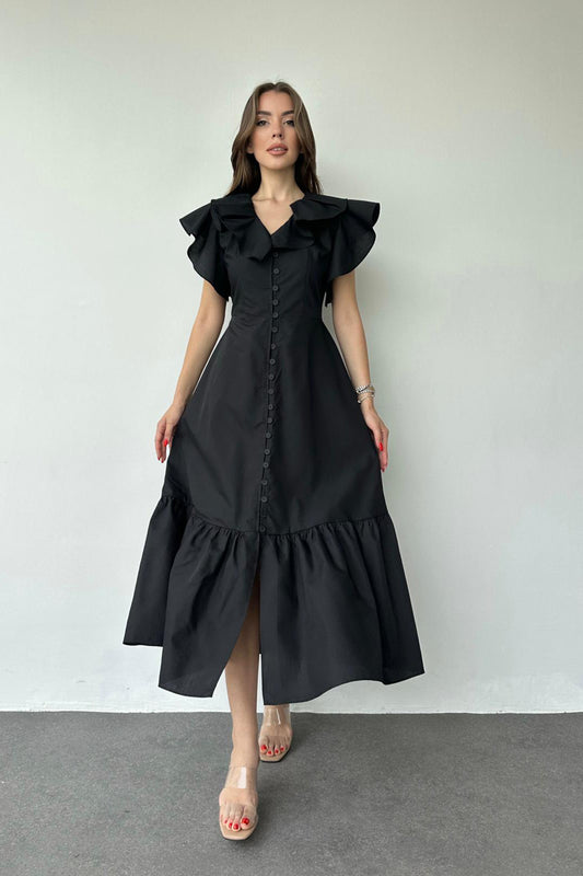 Rüschenkleid mit Kragen und Schulter – Schwarz