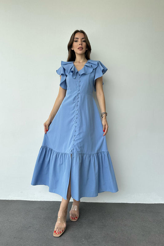 Rüschenkleid mit Kragen und Schulter – Blau