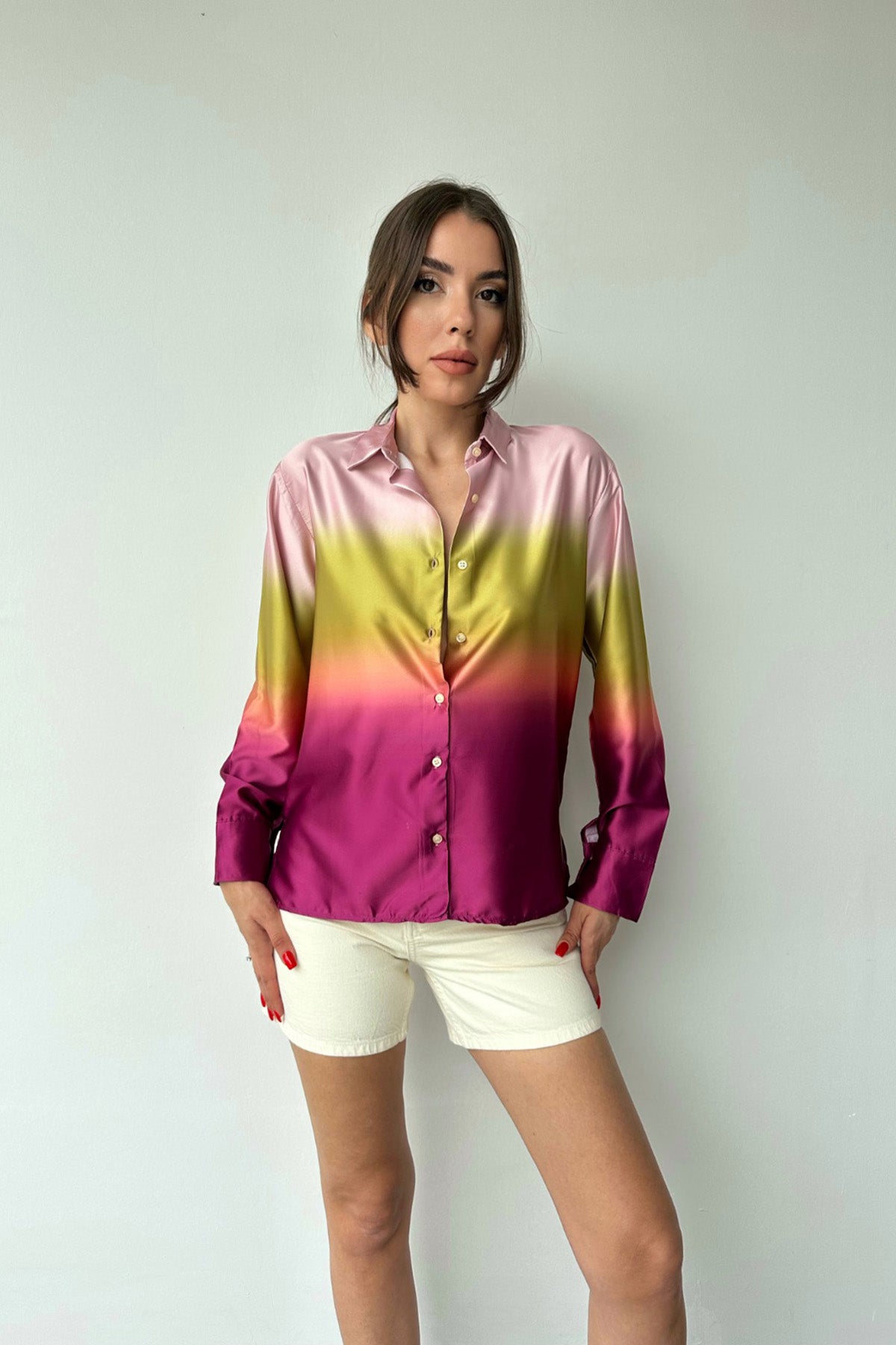 Three Color Pattern Shirt - Fuchsia and Mustard