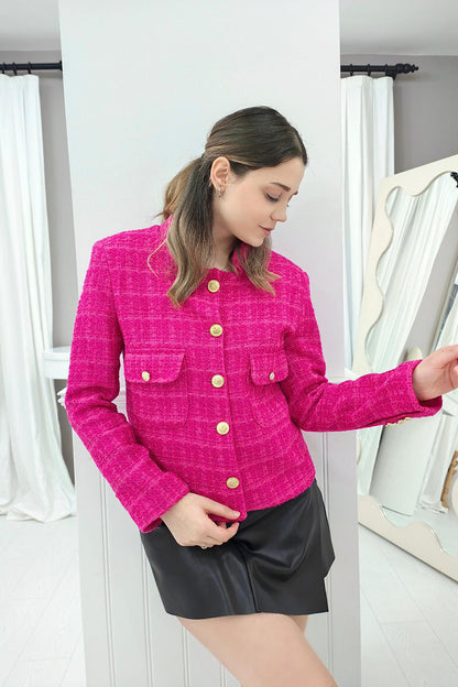 Gold geknöpfte Tweed-Jacke – Fuchsia