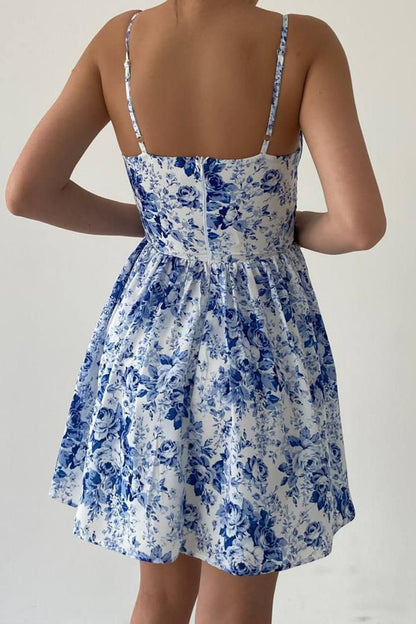 Flower Patterned Mini Dress - Blue