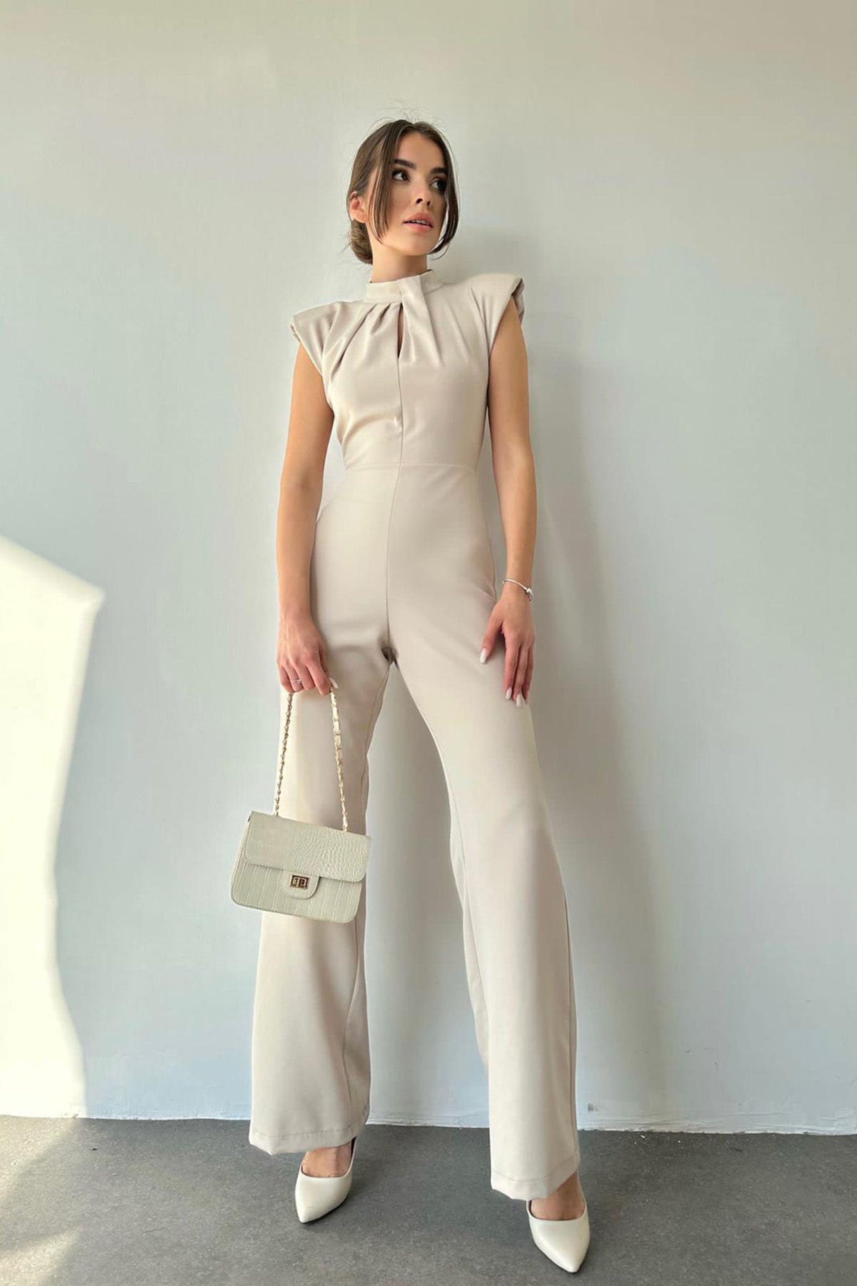 Waisted Collar Jumpsuit - Beige