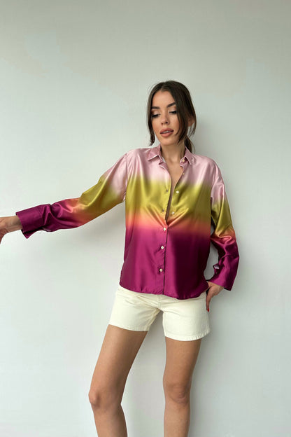 Three Color Pattern Shirt - Fuchsia and Mustard