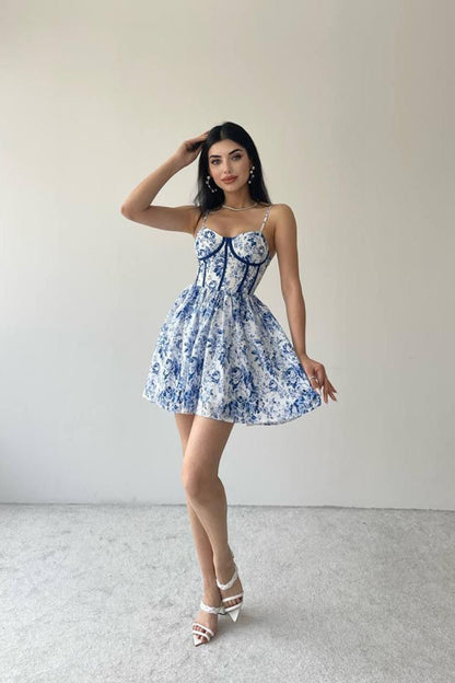 Flower Patterned Mini Dress - Blue