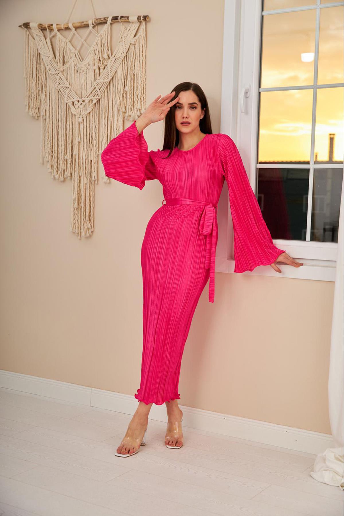 Spanish Sleeve Pleated Dress - Fuchsia