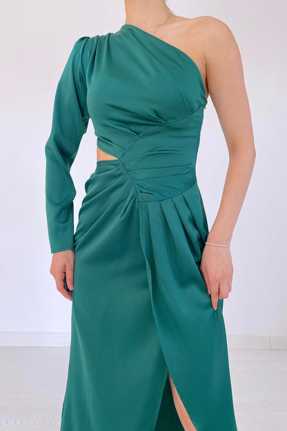 Einärmeliges Satin-Abendkleid – Smaragd