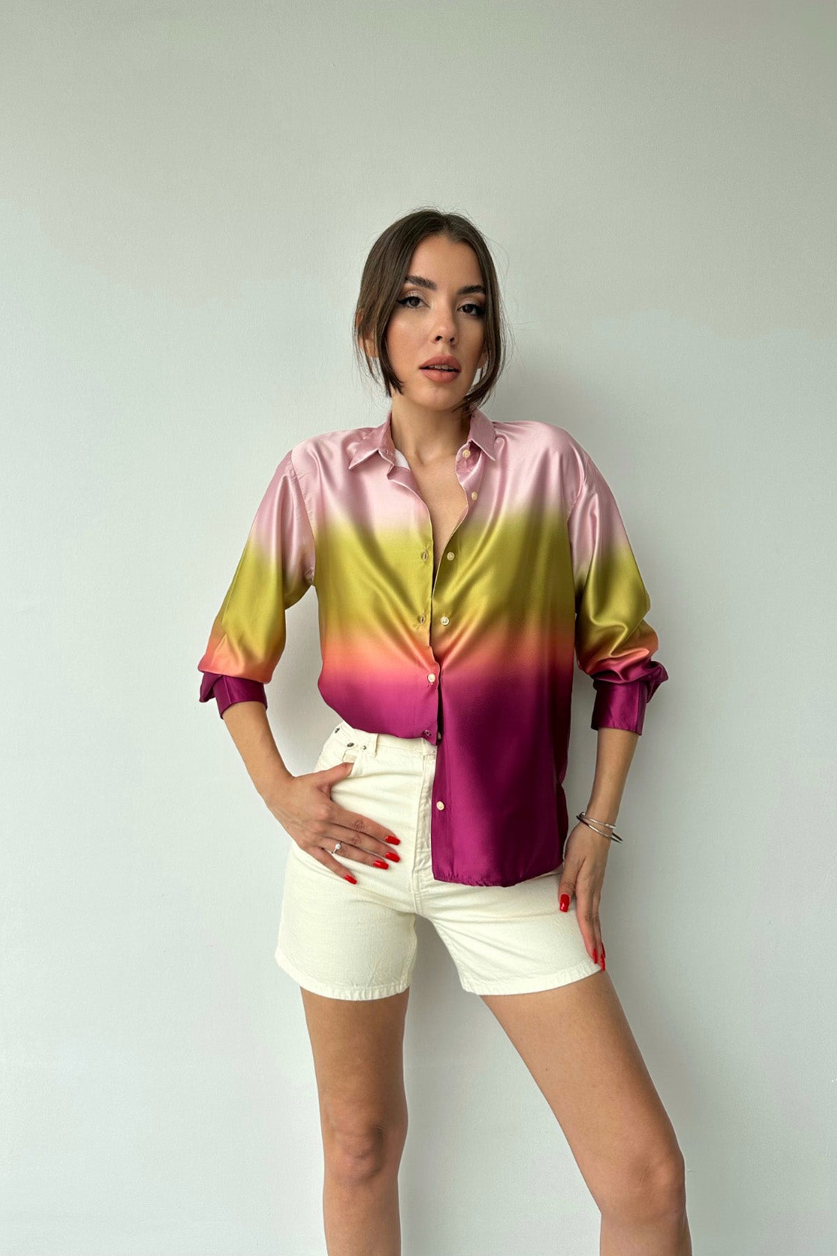 Three Color Pattern Shirt - Fuchsia and Mustard