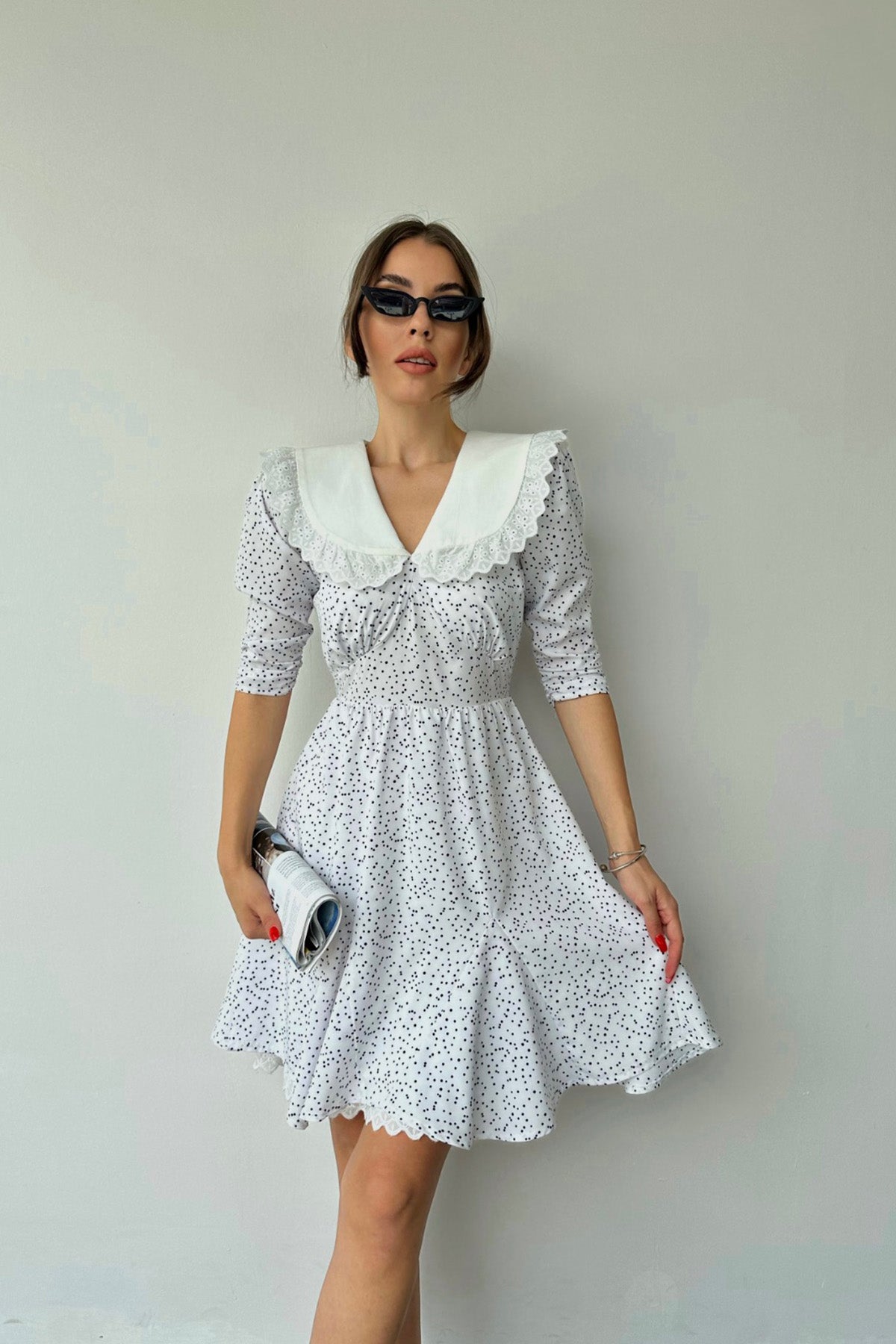 Polka Dot Collar Dress - White