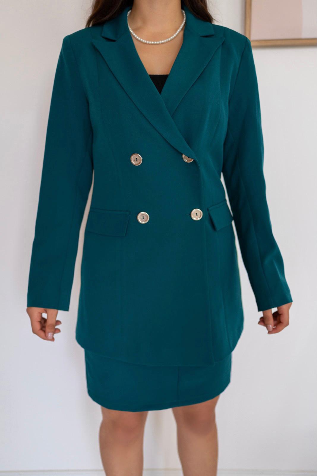 Belted Skirt and Jacket Suit - Petrol Green