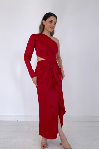 Einärmeliges Satin-Abendkleid – Rot