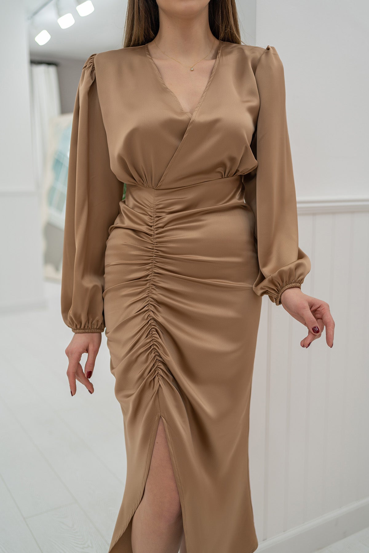 V Neck Satin Dress - Mink