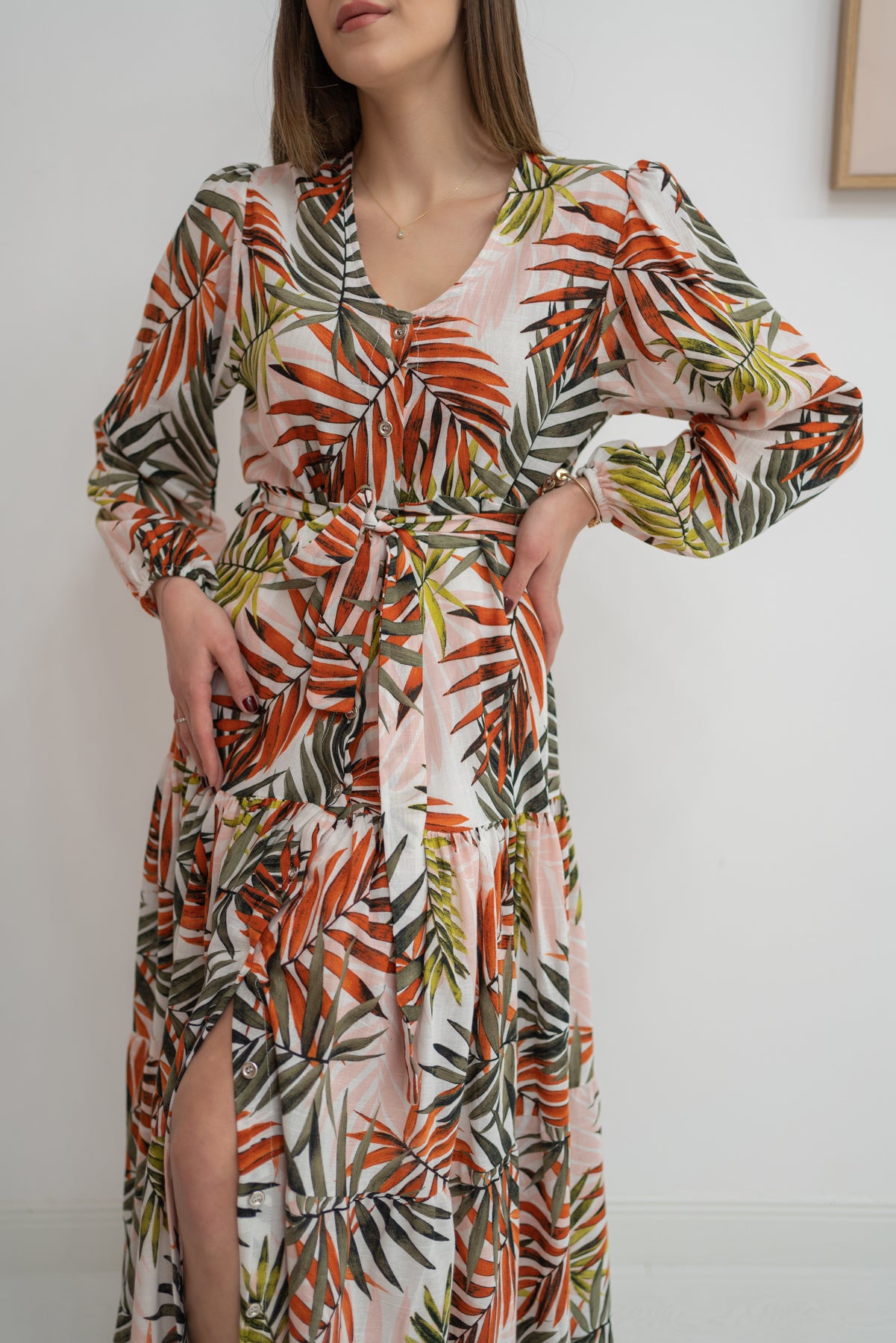 Leaf Patterned Belted Dress - Orange