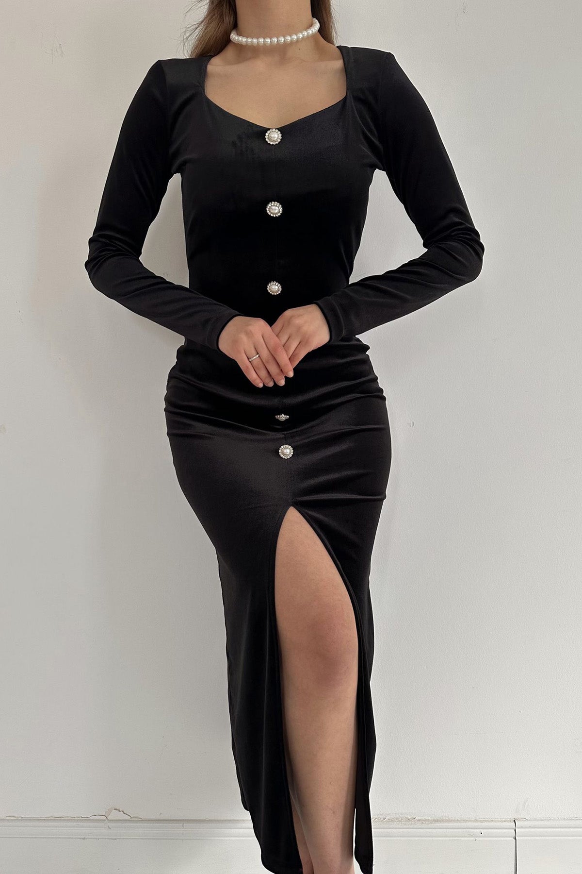 Button Detailed Velvet Dress - Black