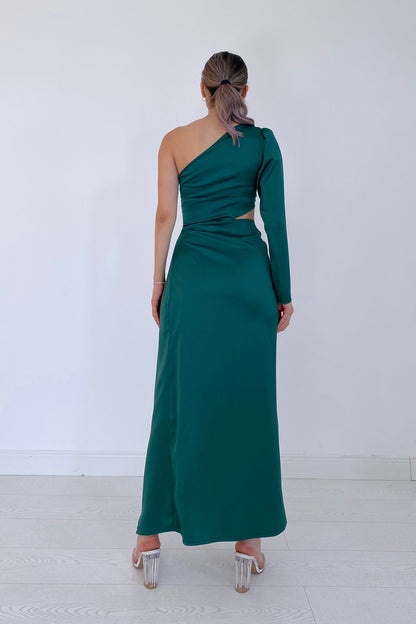 Einärmeliges Satin-Abendkleid – Smaragd