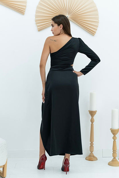 One Sleeve Satin Evening Dress - Black